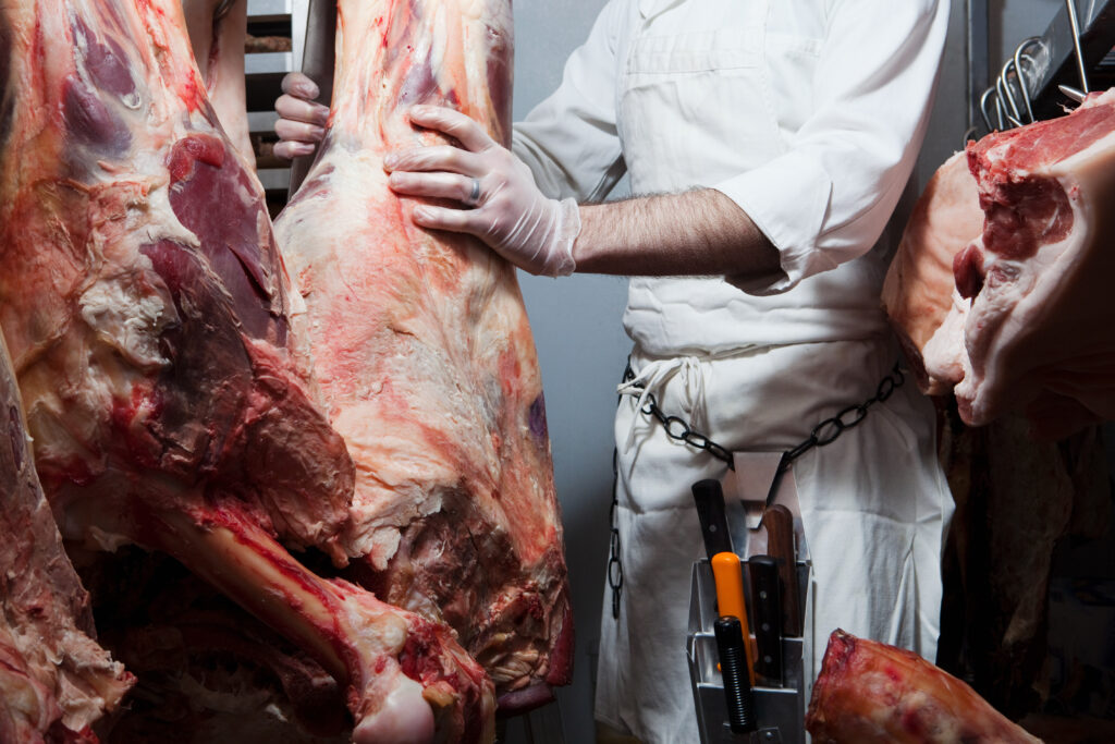 Butcher hanging beef