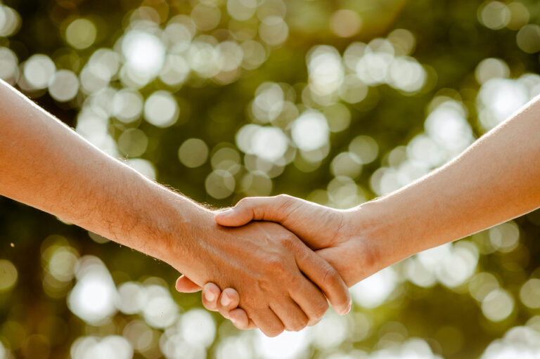 Shake hands in park.finishing up a meeting.Men shaking hands.