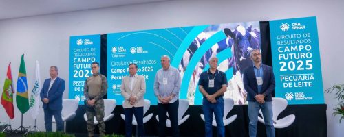 Lideranças da CNA, da Faesc e do setor lácteo, durante abertura do Circuito de Resultados do Projeto Campo Futuro 2025. (Foto Agência Novità
