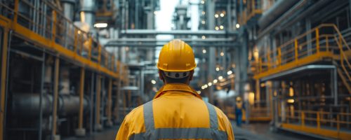Industrial workers in oil processing plant, busy with production and crude oil handling, technical ambiance