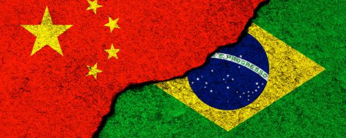 China and Brazil. Flags background. Concept of politics, economy, culture and conflicts, war. Friendships and cooperation. Painted on concrete walls banner