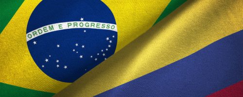 Colombia and Brazil flags together realtions textile cloth fabric texture