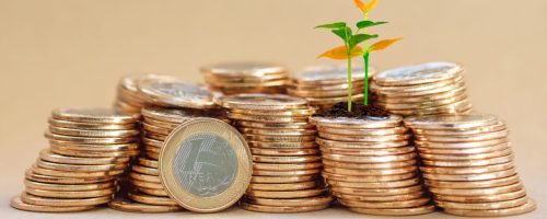 One Brazilian real coins with plant sprouts.