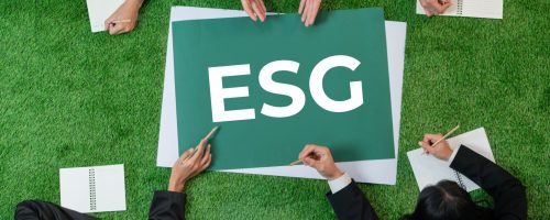 Top view panoramic banner ESG symbol on green grass meeting table with group of diverse business people planning marketing with eco-friendly awareness as environmental social governance concept.Quaint